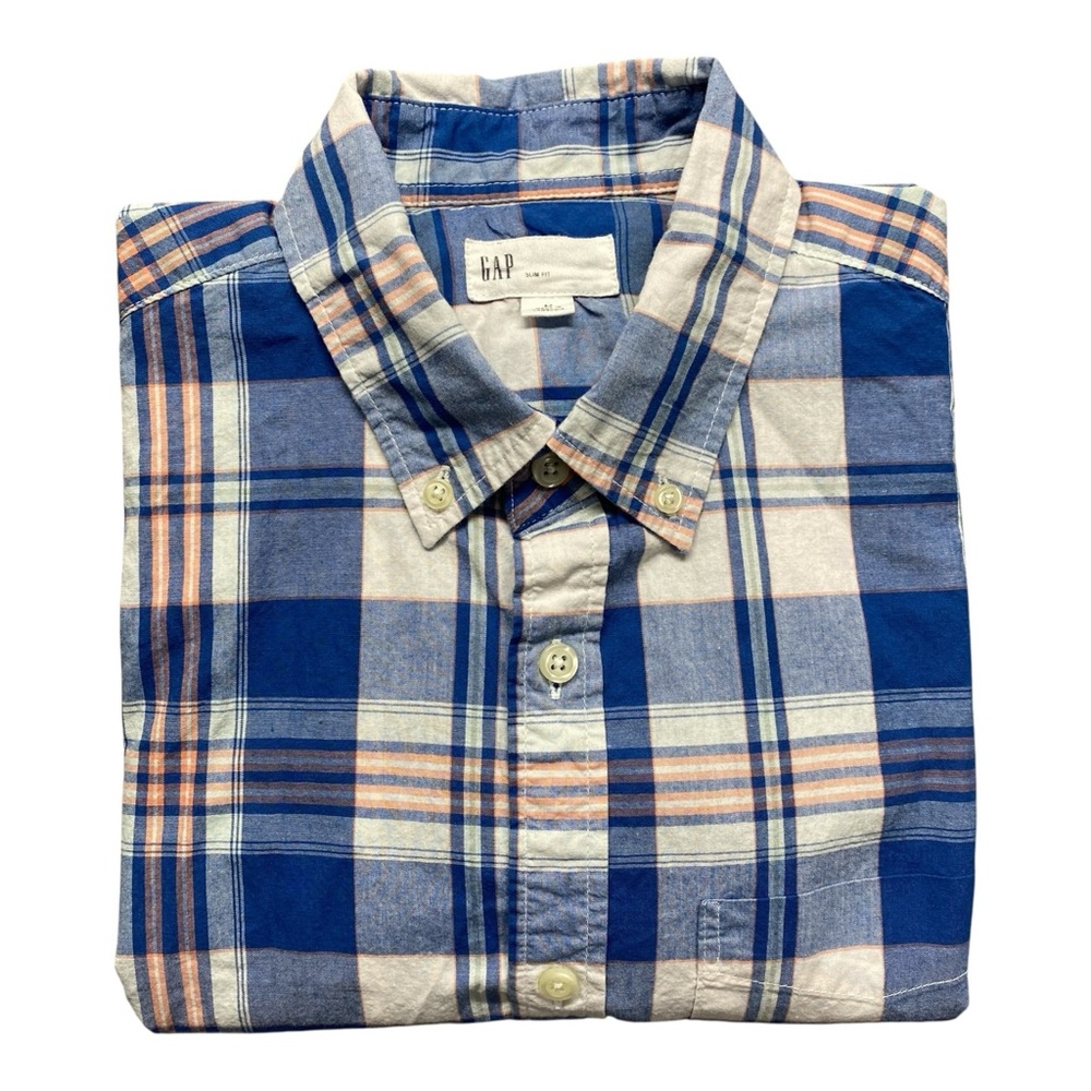 GAP Slim Fit Plaid Shirt Long Sleeve Button Up Blue White Salmon Men’s Size M
